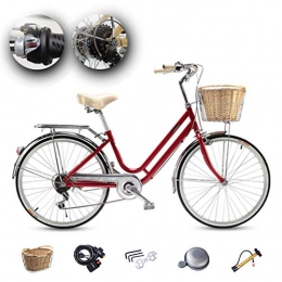 ZXLLO Paseo ZXLLO Bicicleta para Mujeres Shimano De 6 Velocidades 24 En La Rueda Bicicleta De Ciudad Adecuado para Viajar Y Jugar con Cesta De Imitación De Ratán, Rojo