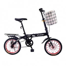 Yan qing shop Bicicleta 16inch negro Bicicleta plegable for adultos, bici de la ciudad con la cesta Una velocidad, frenos de doble disco, marco de acero al carbono de alta bicicleta de carretera for unisex, Estudiante