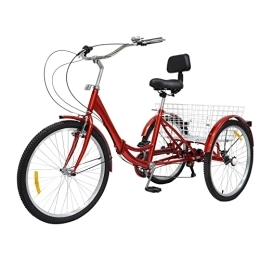 OUkANING Plegables OUKANING Triciclo de 24 Pulgadas para Adultos Triciclo Plegable de Bicicleta de 3 Ruedas con Cesta de la Compra, 7 Marchas (Rojo)
