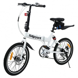 Yonntech Bicicleta Ridgeyard - Bicicleta plegable de 20 pulgadas con 7 marchas, para deportes al aire libre, batería LED, bolsa de sillín y timbre para bicicleta, color blanco
