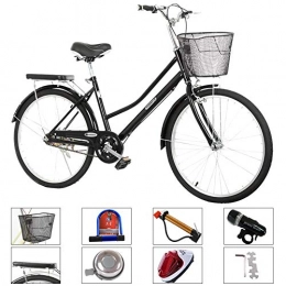 Greetuny Bike 24 / 26 Inch Ladies Bike City Bike with Basket, Dutch Bike, Retro Style City Bikes Trekking Bicycle Light bike 1 / 6 Gear, Black 24Inch, 1 Gear