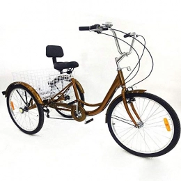 Fetcoi Bike 24" Adult Tricycle Height Adjustable with Cushion, 6-Gang Golden Bike Cruiser Aluminium with Shopping Basket 3 Wheels Bicycles Comfort for Seniors