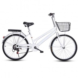 WN-PZF Comfort Bike 24 inch bicycles, ladies bicycles for commuting, high carbon steel frame + front basket + rear shelf + pneumatic tires + Holding brake, White, 6 speed