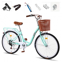 GHH Bike 7 Speed Adult commuter bike, 26"City leisure Bicycle, Comfort City Bike & Basket Flashlight, Inflator, Anti-theft lock, Light Green