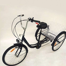 TFCFL Bike Adult Tricycle, 24 Inch 6 Speed Trike Bike Adjustable Three Wheel Bike Cruiser Trike with Shopping Basket, Great for Gift Elderly People, Black, with Light