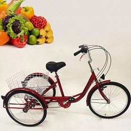 TFCFL Bike Adult Tricycle, 24 Inch 6 Speed Trike Bike Adjustable Three Wheel Bike Cruiser Trike with Shopping Basket, Great for Gift Elderly People, Red, with Light