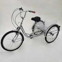 TFCFL Bike Adult Tricycle, 24 Inch 6 Speed Trike Bike Adjustable Three Wheel Bike Cruiser Trike with Shopping Basket, Great for Gift Elderly People, Silver, with Light