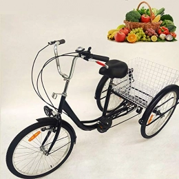Berkalash 24 inch adult tricycle with lamp, 6 speed 3 wheels bicycle adjustable speed with shopping basket, senior shopping cargo trike, safe and stable (Black)