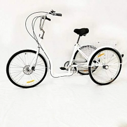 BTdahong Bike BTdahong White Adult Tricycle Cruise 26 Inch 3 Wheel 6 Speed Shift Trike Shopping Carrier Bicycle + Basket Load 110kg, Durable High Carbon Steel Bicycle