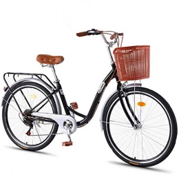 GOLDGOD Comfort Bike GOLDGOD Leisure Lightweight Cruiser Bikes 7-Speed Ladies City Bike with Bicycle Basket And Rear Shelf High Carbon Steel Frame City Bicycle with Wear-Resistant Tires, 26 inch