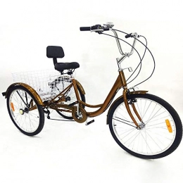 MINUS ONE Bike MINUS ONE 24" 6 Speed Adult 3 Wheel Tricycle, Adult Bicycle Cycling Pedal Bike with White Basket for Outdoor Sports Shopping Adjustable (Brown without light)