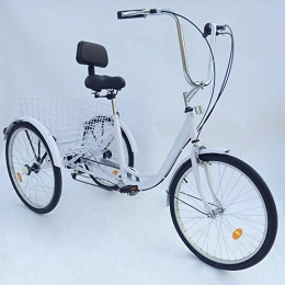 MINUS ONE Bike MINUS ONE 24" 6 Speed Adult 3 Wheel Tricycle, Adult Bicycle Cycling Pedal Bike with White Basket for Outdoor Sports Shopping Adjustable (White without light)