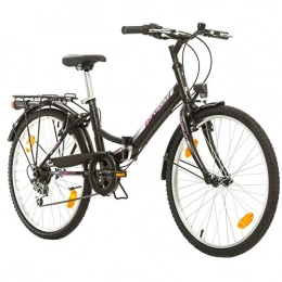 Multibrand Distribution Comfort Bike Multibrand, FOLDING CITY 24 LADY, 24 inch, 457mm, Folding Mountain Bike, 18 speed, For Women, Girl, Front+Rear Mudgard, gloss lila-grey (Black-Pink)