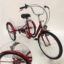 OU BEST CHOOSE Bike OU BEST CHOOSE 24" 3 Wheel Adult Tricycle with Lamp 6 Speed Bicycle, Shopping Basket Trike Tricycle Pedal Cycling Bike, for Shopping Outdoor Picnic Sports (red)