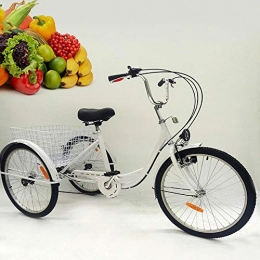 OU BEST CHOOSE Comfort Bike OU BEST CHOOSE 24" 3 Wheel Adult Tricycle with Lamp 6 Speed Bicycle, Shopping Basket Trike Tricycle Pedal Cycling Bike, for Shopping Outdoor Picnic Sports (white)