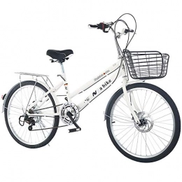 QLHQWE Comfort Bike QLHQWE Student commuter speed bicycle, 24 inch with basket rear seat student school trip classic bicycle high carbon steel double disc brake hard frame multiple color options, White