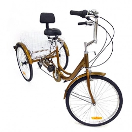 SENDERPICK Comfort Bike SENDERPICK 24" 6 Speed Adult 3 Wheel Tricycle, Adult Bicycle Cycling Pedal Bike with White Basket for Outdoor Sports Shopping Adjustable (Gold)