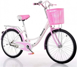 LHY Bike Students Comfort Commuter Bike with Basket, Retro Dutch Style Classic Leisure Lightweight Bicycle Carbon Steel Cruiser Bike Vintage Lady's Urban Bike with Shopping Basket for Unisex, Pink, 24
