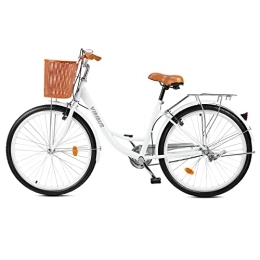 Viribus Comfort Bike Viribus 26 Inch Vintage Ladies Bike with Basket, Girl’s Bike Dutch Style City Bicycle with Carbon Steel Frame Dual V Brakes, Single Speed Women’s Comfort Bike w Adjustable Seat and Handlebars(White)