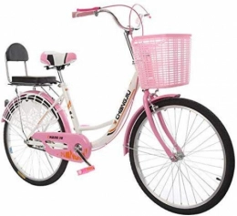 WJSW Comfort Bike WJSW Classic traditional ladies bicycle, 24 inch with basket rear seat ladies casual classic bicycle high carbon steel double V brake multiple color choice, Pink