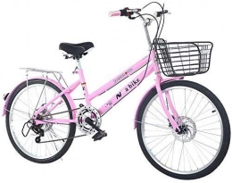 WJSW Comfort Bike WJSW Commuter bicycle, 24-inch student school trip classic bicycle with basket rear seat, high carbon steel double disc brake hard frame, multiple color options, Pink
