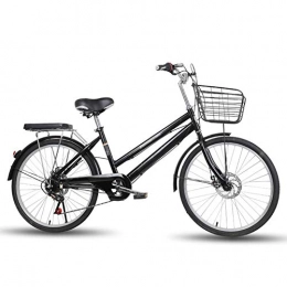 WN-PZF Bike WN-PZF 24-inch 6-speed bicycle, ladies' bicycle commuter transportation, high carbon steel frame + front basket + rear shelf + pneumatic tires + disc brakes, Black