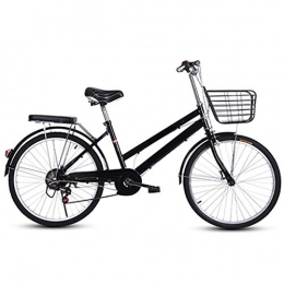 WN-PZF 24 inch bicycles, ladies' bicycles for commuting, high carbon steel frame + front basket + rear shelf + solid tires + Holding brake,Black,6 speed