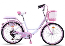 ZJWD Bike ZJWD 24" Commuter Ladies Bike, Women's Bicycle Lightweight 6 Speed Ladies Bike Pink, with Lock Basket Flashlight, Inflator, Installation Tool, A