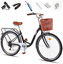 ZJWD Comfort Bike ZJWD 26" City Leisure Bicycle, 7 Speed Adult Bike, Ladies Bike, Including Basket Flashlight, Inflator, Anti-Theft Lock, Classic Retro Bicycle