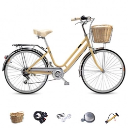 ZXLLO 24in Wheel Vintage Ladies Bike 6-speed Shimano City Bike Suitable For Commuting And Playing With Imitation Rattan Basket,Yellow