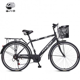 ZZD Bike ZZD 26-inch 7 Speed City Commuter Bike, Turn Handlebar to Change Speed, Ladies Comfortable Cruiser Bike with Dual Brakes and Helmet, for Outdoor and Work, Matte Black