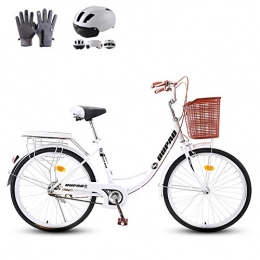 ZZD Comfort Bike ZZD Men's and Women's Carbon Steel City Commuter Bikes, 24 26 Inches Comfort Retro Bike with Warm Gloves, Helmet and Front Basket, White, 24in