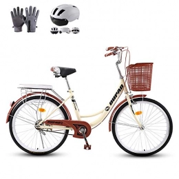 ZZD Comfort Bike ZZD Women's Bike, Comfort Lady Girl Bike Outdoor Sports City Urban Bicycle with Front Basket and Dual Brakes, Warm Gloves and Helmet, Beige, 20in