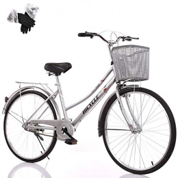 ZZD Comfort Bike ZZD Women's Shopping Commuter Bike, Light Retro City Comfortable Bike with Front Basket and Double Brakes, for Outings and Commuting, Silver, 24in