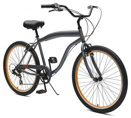 Critical Cycles  Critical CyclesChatham Beach Mens' Cruiser Bike Graphite / Orange, 26" inch steel frame, 7 speed promax alloy v-brakes wide tires, cushy saddle, and soft foam grip