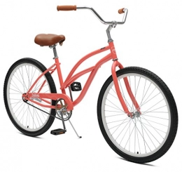 Critical Cycles Cruiser Bike Critical CyclesChatham Beach Womens' Cruiser Bike Coral, 26" inch steel frame, 1 speed single-speed bike with coaster brakes and kickstand wide tires, cushiony wide saddle, and soft foam grips