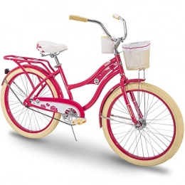 Huffy Bike Huffy Women's 74638 Cruiser Bike, Holbrook 24 inch, Lavender & Red, Magenta Pink w / Handlebar Basket, Cup Holder, Rear Rack, Wheels