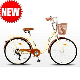 JHDUID Single-Speed Beach Cruiser Bicycle 6 variable speed High-carbon steel City Bike Around The Block Women's Bicycle Dutch Style Retro Bike With Basket 24/26 in,Beige,single speed 26in