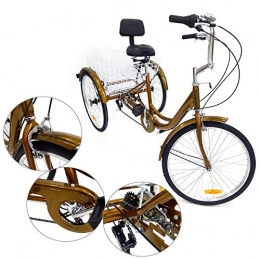 MOMOJA Adult Tricycle 6 Speed 24 Inch Three Wheel Bike Cruiser Trike Three Wheel Bike Cruiser Trike for Men Women Seniors Young (Gold With Light)