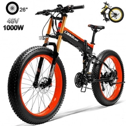 T Bike 1000W Electric Bike 14.5AH / 48V Lithium Battery 27 Speeds Fat Tire Electric Bicycle Folding E-bike Mens 26x4.0 Inch Sports Mountain Bike Red