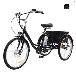 Generic Bike 24inch adult electric tricycle with rear basket 3 wheel bicycle 36V12AH lithium battery removable 350W motor Hybrid tricycle with pedals power bike for parents and ladies (black)