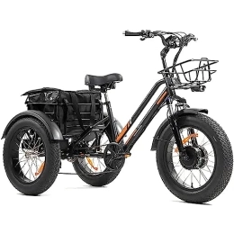 Adult Three-Wheel Electric Bicycle 20 Inch Electric Tricycle Fat Tire 3-Wheel Electric Tricycle Three-Wheel Adult Cargo Electric Car with Basket