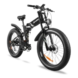 Cyrusher  Cyrusher 26Inch Aluminum Electric Mountain Bike, BANDIT Folding Ebkie 250W 48V17Ah, Full Suspension, 180mm Disc Brakes, 4inch Fat Tires, Suitable for Men and Women (Black)