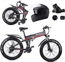 RDJM Electric Bike Ebikes, 26inch Fat Tire Folding Electric Mountain Bike, 1000w Motor Aluminum Frame, 48v 12.8ah Removable Lithium Battery, 21 Speed Shock-Absorbing Mountain Bicycle, Beach Snow Bicycle, Red (Color : Red)