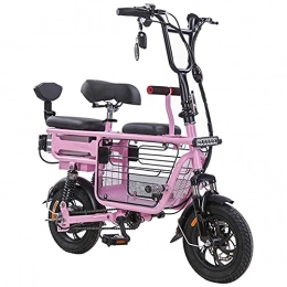 TGHY Bike Electric Bike 12" Commuter E-Bike 48V 350W Brushless Motor Removable Lithium Battery Dual Disc Brake Three Seats Large Capacity Basket for Woman Shopping Small Pets Kids, Pink, 80KM