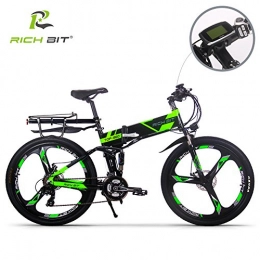 RICH BIT Electric Bike Electric Folding Mountain Bike Mens Bicycle MTB RT860 12.8Ah Lithium-ion battery 7 Levels PAS speed LCD Display High Function Speedometer 50-60 Cycling Range Dual Susepension Black-Green (SP GREEN)