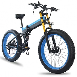 TGHY Electric Bike Electric Mountain Bike 1000W Folding E-bike 21-Speed 26" 4.0 Fat Tire Electric Downhill Bicycle Full Suspension Pedal Assist Electric Snow Bike 48V Removable Battery, Blue