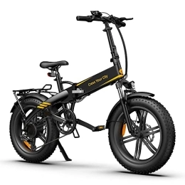 A Dece Oasis Electric Bike equipped with rear racks and fenders, ADO A20FXE electric bike for adults men 20 * 4.0 Fat tyres E bike, 250W motor / 36V / 10.4Ah battery / 25 km / h, balck