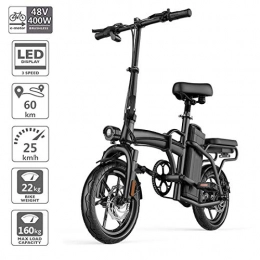 ZXC0226 Electric Bike Folding Electric Bike, Magnesium alloy 14 Inch E- Bike for Adults 3-Speed Electric Urban commuter scooter with 400W brushless Motor, MAX 25Km / h and Dual Disc Mechanical Brakes, Cruising range 60Km, Black