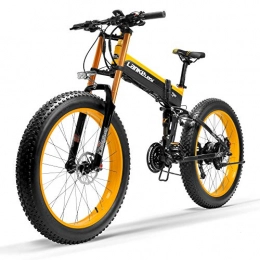 LANKELEISI Electric Bike T750Plus 27 Speed 1000W Folding Electric Bike 26*4.0 Fat Bike 5 PAS Hydraulic Disc Brake 48V 10Ah Removable Lithium Battery Charging, Pedelec(Black Yellow Upgraded, 1000W + 1 Spare Battery)
